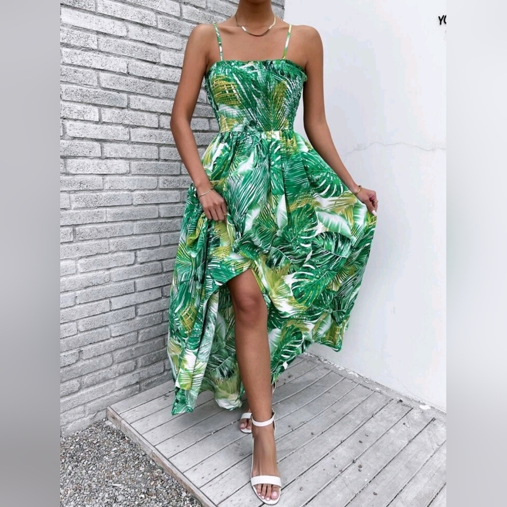 New Tropical Floral Print Maxi Stretch Cami Tube Top Dress Green Lime White - Picture 2 of 8